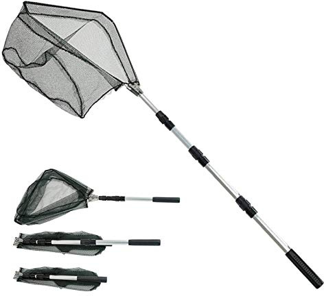 Telescopic Folding Fishing Landing Net, 1.9m Pole Collapsible Extensible Aluminum long Handle,Stainless Steel Triangular,For Bird Fish Catch,Aquarium,Ponds Floating Objects,Carp Trout