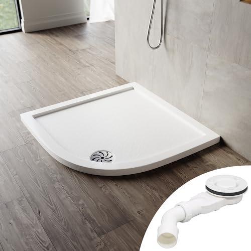 SONNI Oval Duschtasse 90x90x4 cm - Niedrigprofil Duschwanne mit 550 mm Radius, Extra Flach, SMC, Inklusive Ablaufgarnitur