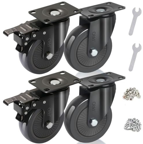.PRO Heavy Duty 600kg 100mm Swivel Trolley Caster Wheels (Black) - Industrial Strength Furniture Moving Casters with Screws, Bolts, Locking, Non-Marking (2 wheels with brakes 2 wheels without brakes)