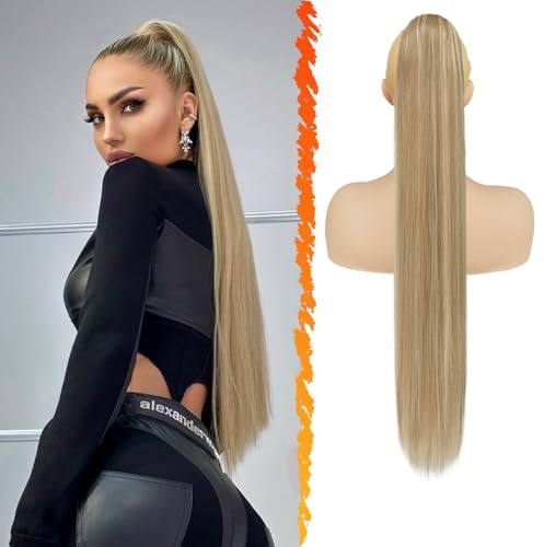 BARSDAR Coleta Postiza Pelo Largo Natural, 76cm Largo Liso Cola de Caballo Extensiones con Cordón Sintetico Extensiones de Pelo Coleta Clip in Ponytail Postizos para Mujer - Cenizo Claro Rubio Mixto