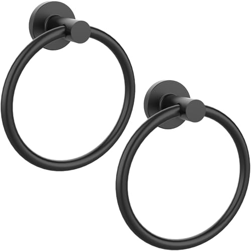 Matte Black Towel Ring 2Pack, SUS304 Stainless Steel Hand Towel Holder for Bathroom Kitchen, Modern Style Towel Hanger, Thicken Ring Towel Holder, Towel Rack Round Wall Mounted (2, Black)