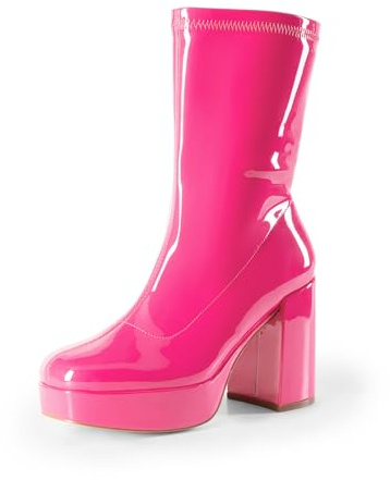 DREAM PAIRS Women's Mid Calf Gogo Platform Boots,Hot Pink-Pat,9