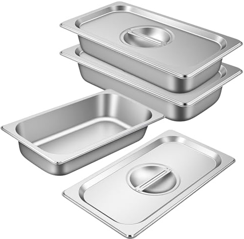 NAMYEUT Set di 3 Contenitori Gastronorm in Acciaio Inox 1/3, Vaschette Rettangolari 32,5x17,5x6,5 cm con Coperchio per Alimenti