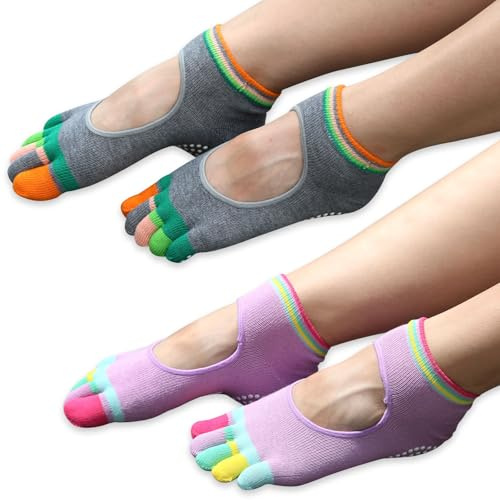 LDBKLGHJ 2 Pares Calcetines – Calcetines Antideslizantes para Mujer con Dedos Separados, Yoga, Pilates y Deportes