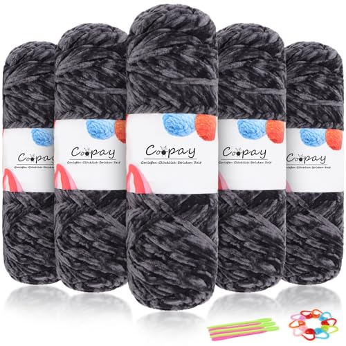 Coopay Lana Chenille Vellutata, 500g (5 x 100g), Gomitolo di Lana per Maglia Morbido, Spessore di 3mm, Filato Chenille Super Morbido per Uncinetto, Maglia, Sciarpa, Coperta, Calzini - Grigio Scuro