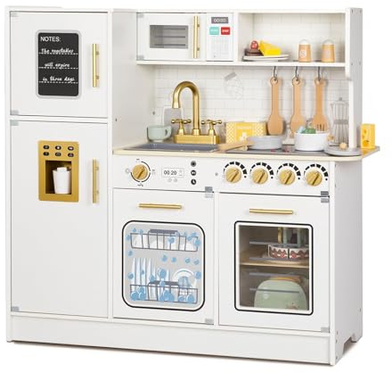 OOOK Wooden Kids Kitchen Playset, Simulated Kids Play Kitchen with Lights and Sounds, Nice Role Play Toy Kitchen with Plenty of Play Features for Kids Gift