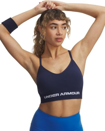 Under Armour Donna Vanish Seamless Low Bra, Reggiseno Sportivo a Basso Impatto per Allenamento, Yoga e Pilates, Top Sportivo da Palestra con Coppe Rimovibili,Washed Navy/White,LG
