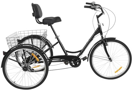 Begoniape Tricycle de 24 pouces, 7 vitesses, tricycle pour adultes et seniors, tricycle en acier au carbone, tricycle de ville, tricycle réglable avec panier à provisions (noir)