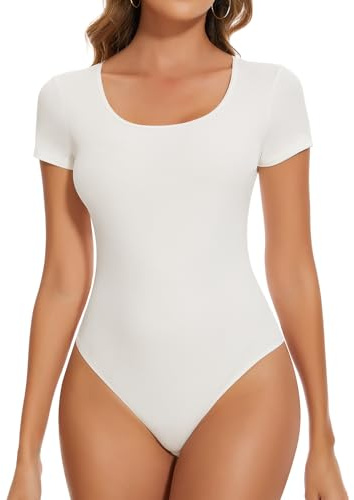 SHAPERIN Women Short Sleeve Bodysuit Crew Neck Thong Bodysuit Top Summer