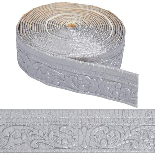 CRASPIRE Moldura de Corona Autoadhesiva de 394 x 3.14 pulgada Flexible 3D Color Gris Plateado Borde de Papel Tapiz Borde de Zócalo Borde de Pared Adhesivo de Espejo Líneas de Base de Espuma