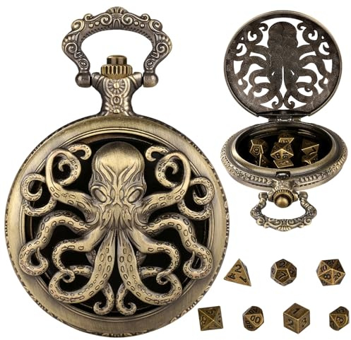 Hshenjhu Mini Dados DND con Caja de Reloj de Bolsillo Steampunk Hueco Pulpo - 7 Piezas Poliédrico Metal D&D Juego de Mesa - Bronce