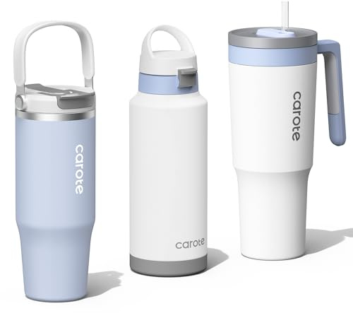 CAROTE 3-Pack Insulated Stainless Steel Water Bottles, Cup Holder Compatible for Travel, Upgraded Leak Proof, 32/32/40 oz Built-In Straw Tumblers Set for Daily Use/Outdoor (Blue)