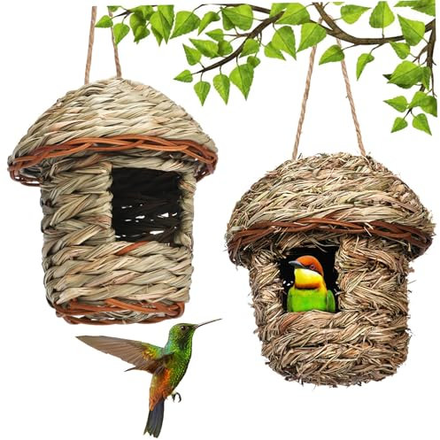 Hummingbird House 2pcs Hanging Hummingbird Nest Naturstroh geflochten