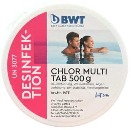 BWT Klor Multi Tab 500 g, poolvattenbehandling, permanent klorering med pH-stabilitet, algförebyggande och flockningsmedel