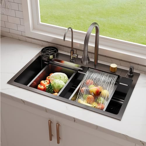 DeerValley Évier Cuisine Multifonction avec Lave-Verres 75 x 46cm | Évier Cuisine Intégré Complet, Inox 304, Nano Anti-taches, Robinet Extensible, Panier D'égouttage et Planche à Découper
