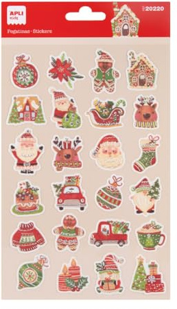 APLI Kids 20220 - Stickers de Noël, 24 autocollants festifs - Motifs sapins, cadeaux, étoiles, bonhomme de neige - Idéal déco cadeaux, cartes et loisirs créatifs de Noël.