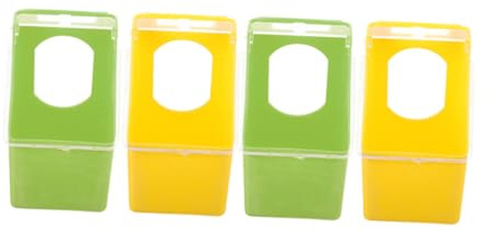 LOLIPPYY 4pcs Hanging Bird Feeder Set with Lid, Multi-compartment Feed Container for Pigeon and Quail Cages, Plastic Food Troughs in Green and Yellow for Indoor and Outdoor Bird Feeding