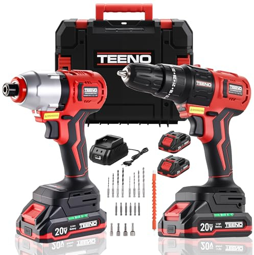TEENO Taladro atornillador de impacto inalámbrico 180 Nm, 2 baterías de 1,5 A, 1 cargador, 22 accesorios, 2 herramientas