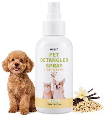 UNEK Spray démêlant sans rinçage pour Chiens et Chats 130 ML - Parfum Avoine et Vanille, démêlant, nourrissant & Brillant, Poils Courts, Longs, épais et bouclés