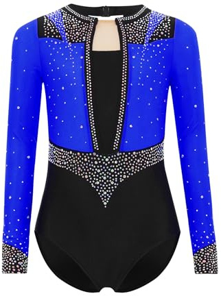 Yruioon Traje Gimnasia Niñas Con Brillo Manga Larga Con Cristales Brillante Traje Ballet Leotard Gimnasia Body Baile Competición Baile Azul 7-8 años