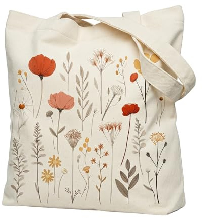 Yunmoli Floral Canvas Tote Bag for Women, Aesthetic Botanical Print Shopper Bag, Large Capacity Reusable Grocery Shopping Bag, Cute Casual Shoulder Bag for Work, University & Travel (Style 1)