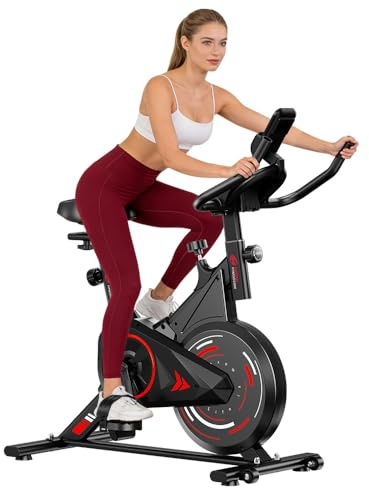 Bicicleta estática estacionaria, bicicleta giratoria equipo de gimnasio en casa, asiento ajustable y manillar, pantalla LCD y soporte para tableta, 0–100% Resistencia, entrenamiento de