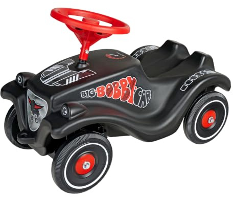 Big Bobby Car Classic GT – Voiture coulissante avec design de course, volant de sécurité avec klaxon, carrosserie ergonomique, attelage de remorque, véhicule pour enfant, noir et rouge, à partir de 12