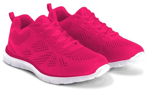 Get Fit Women's Lightweight Running Trainers - Breathable Mesh Gym Shoes with Cushioned Sole - Comfortable Walking & Fitness Sneakers - Lace-Up Athletic Footwear - Fushia - 7-40