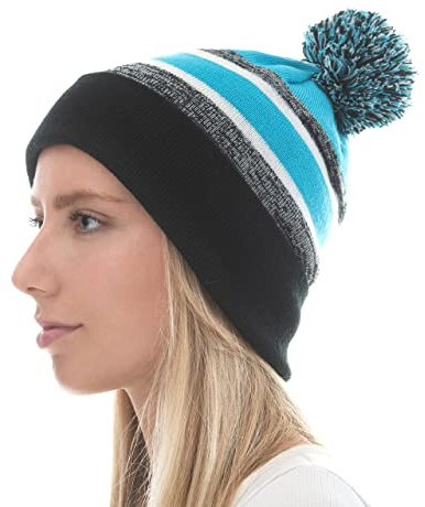 Winter Knit Beanie Hat with Pom Pom – Warm Cuffed Slouch Ski Cap for Men & Women(Black and Turquoise with Pom)