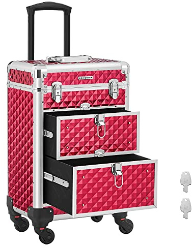 SONGMICS Kosmetikkoffer Trolley, Professionell Schminkkoffer, Friseurkoffer mit 4 Abnehmbaren Universalrollen, Oben mit 3 Etagen, Rot JHZ08RD
