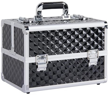 Yaheetech Professional Makeup Box Extra Large Vanity Case with 4 Trays, Cosmetic Nail Polish Jewellery Cosmetic Case Beauty Vanity Make up Train Case Lockable Locks with Keys, Black/Silver