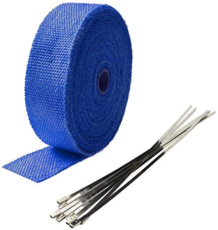 Mintice 5CM X 10M Fiberglas Blau Hitzeschutzband Auspuffband Auspuff Hitze Wickel Schild Hülle Auto Motorrad Krümmerband mit 6 Pcs Kabelbinder