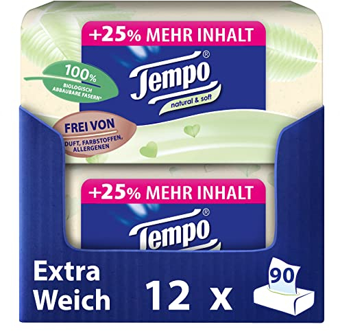Tempo natural & soft Taschentücher Box - Megapack - 12 Boxen, 90 Tücher pro Box - natürliche, extra weiche Papiertaschentücher, waschmaschinenfest