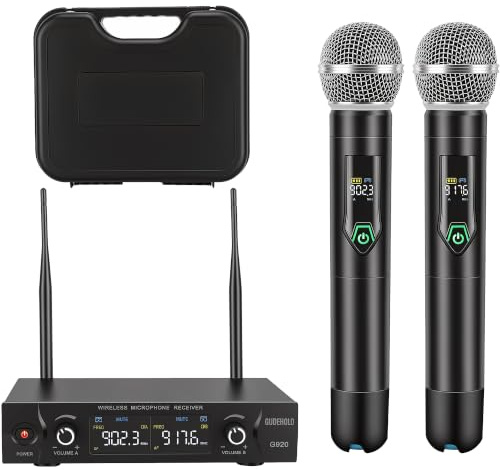 GUDEHOLO Wireless Microphone System with case, Metal UHF Dual Handheld 20 Channels Professional Cordless Mic System for Church, DJ, Karaoke,Wedding, Home KTV Set (Green)
