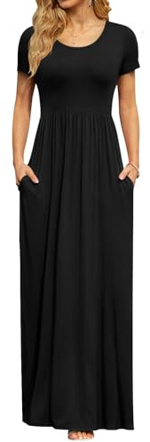 DB MOON Womens Maxi Dresses Casual Short Sleeve & Pockets Empire Waist Long Dress for Beach Party L, Black