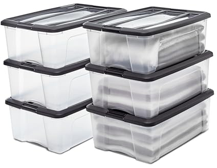 Iris Ohyama Scatole Portaoggetti in Plastica con Coperchio, 30L, Lotto di 6, Nero, Clip di Bloccaggio, Empilabile, Maniglia, Per Camera, Armadio, Ufficio, Organizzatore, Senza BPA Plastica, NTB-30
