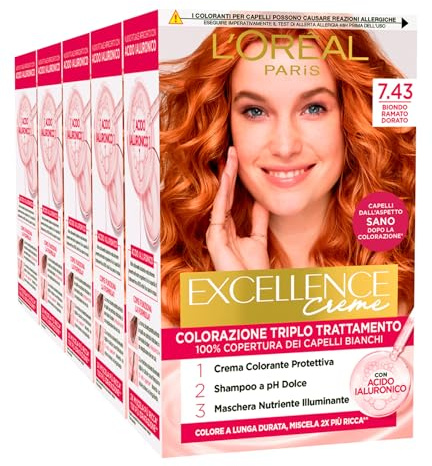 L'Oréal Paris Excellence Creme Coloration Dreifachbehandlung 7.43 Goldkupferblond 100% Abdeckung Weißes Haar Langanhaltend mit Hyaluronsäure - 5 Farben
