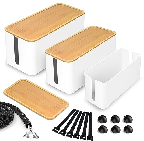 Cinnani Caja Cables, Organizador para Caja de Gestión de Cables, Juego de 3 tamaños, Caja Organizadora de Cables con Tapa de Bambú para Oculta y Recoge Cables y Regletas-Blanco