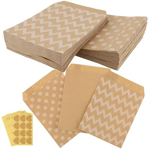 CHEUKYIU 150 Sacchetti di carta marrone, con 15 adesivi, per caramelle per confezionare regali, regali di compleanno, matrimoni, feste, 3 simpatici disegni, 13 x 16 cm