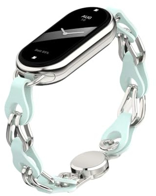 XIHAMA Compatible avec Xiaomi Mi Band 8/9 Bracelet de montre de rechange Design ajouré Anneau en acier inoxydable Chaîne en cuir Ceinture Mi Band 9 Bracelet élégant pour femme