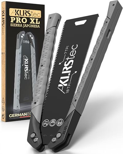 KLRStec Sierra japonesa PRO XL - Hoja de sierra dentada de doble cara [240mm] de acero al carbono - Sierra de tracción plegable con mango de TPU antideslizante