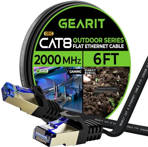 GEARit Cat 8 Outdoor Flat Ethernet Cable (6ft, Black) Direct Burial Rated LLDPE Jacket - Indoor Cat8 Shielded FTP 2000Mhz 40Gbps High Speed Gaming Computer Network RJ45 Snagless Patch Cord Internet
