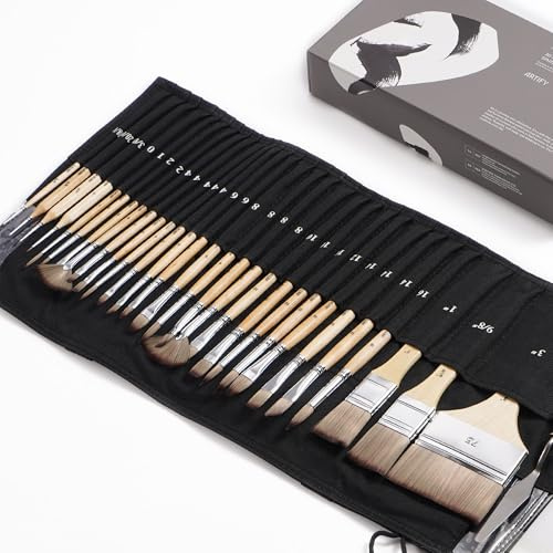 ARTIFY 30pcs Expert Paint Brush Set, Full Range Sizes Acrylic Paint Brushes | Enhanced Synthetic Brushes with Canvas Roll and Palette Knife for Acrylic, Oil, Watercolor, and Gouache