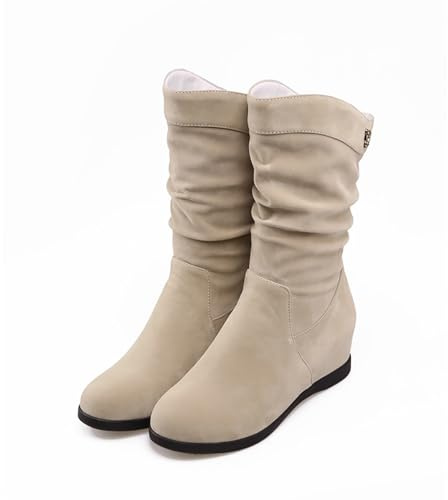 ENWIND Botines con Punta Redonda De Ante Metalizado Tirón On Cuña Baja Tacón Oculto Botines Cortos,Beige,36 EU