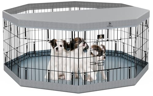 PJYuCien Dog Playpen with Top Cover and Bottom Pad - Metal Foldable Exercise Pen, 8 Panels 24 H x 24 W Indoor Outdoor Pet Fence Puppy Crate Kennel, Gray
