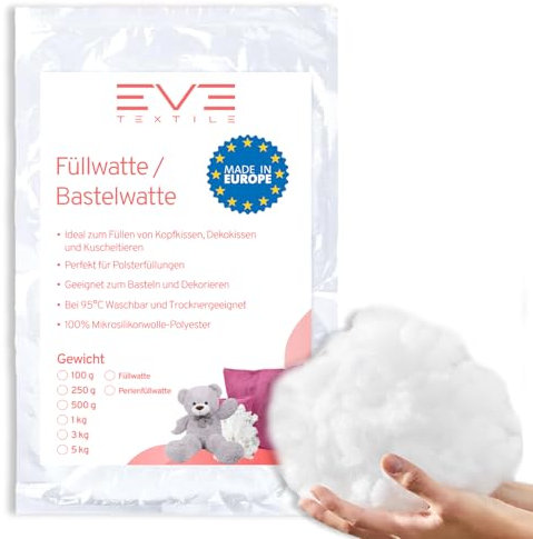 EVE Textile® 1 kg Füllwatte für Kissen; Flauschiges Füllmaterial & Stopfmaterial; Kissenfüllung, Bastelwatte, Füllung für Stofftiere, Kuscheltiere; Öko-Tex 100 Zertifiziert