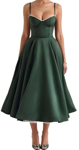 YILKOO Abito Elegante Senza Maniche da Donna Abiti Vita Alta Linea A Midi con Tasche e Spalline Sottili(Dark Green,Medium)
