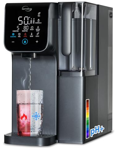 iSpring RCD100HCG-E Ósmosis Inversa con Agua Caliente y Fría, Dispensador de Agua Alcalina, 9 Temperaturas y 6 Volúmenes, Monitor de TDS y Vida del Filtro, Enchufar y Usar