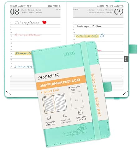 POPRUN Agenda de poche 2026 Journalier 16 x 10,5 cm - Couverture Souple en PU Cuir, 1 Page par Jour A6 petite Planner, D'Jan 2026 à Déc 2026, Signet à 2 rubans, Papier 70 g/m², Vert