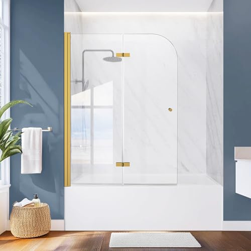 Shower Door, 43 W x 58 H Hinged Glass Door Semi-Frameless Bypass 1/4(6mm) Tempered Glass Shower Door with Explosion-Proof Film Stainless Steel Brushed Gold